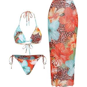 ZAFUL Womens 3pcs Swimsuit Floral Halter Triangle Bikini Top Tie Side Bottom with Long Sheer Cover Up Skirt, Small