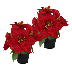 Poinsettias Flowers Artificial 2 Pack Red Faux Christmas Poinsettia Plant Small 11 Inch Winter Flowers for Home Office Table Decorations Indoor Xmas Ornament