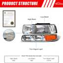 Headlight Assembly for 1999 2000 2001 2002 Chevy Silverado 1500 2500/1500HD 2500HD 3500/2000-2006 Tahoe/Suburban Chrome Housing Amber Reflector PairW/O Bulbs