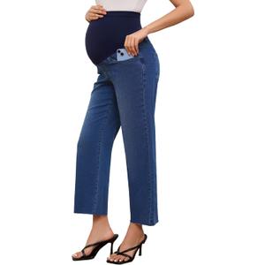 fitglam Women's Maternity Jeans Straight Leg Relaxed Fit Over Belly Pregnancy Denim Work Pants Maternity Clothes with Pockets (A01: 26'' Dark Blue, Small)