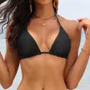 Tempt Me Women Triangle Bikini Top String Halter Bathing Suits Top Only No Bottom (Black, M)