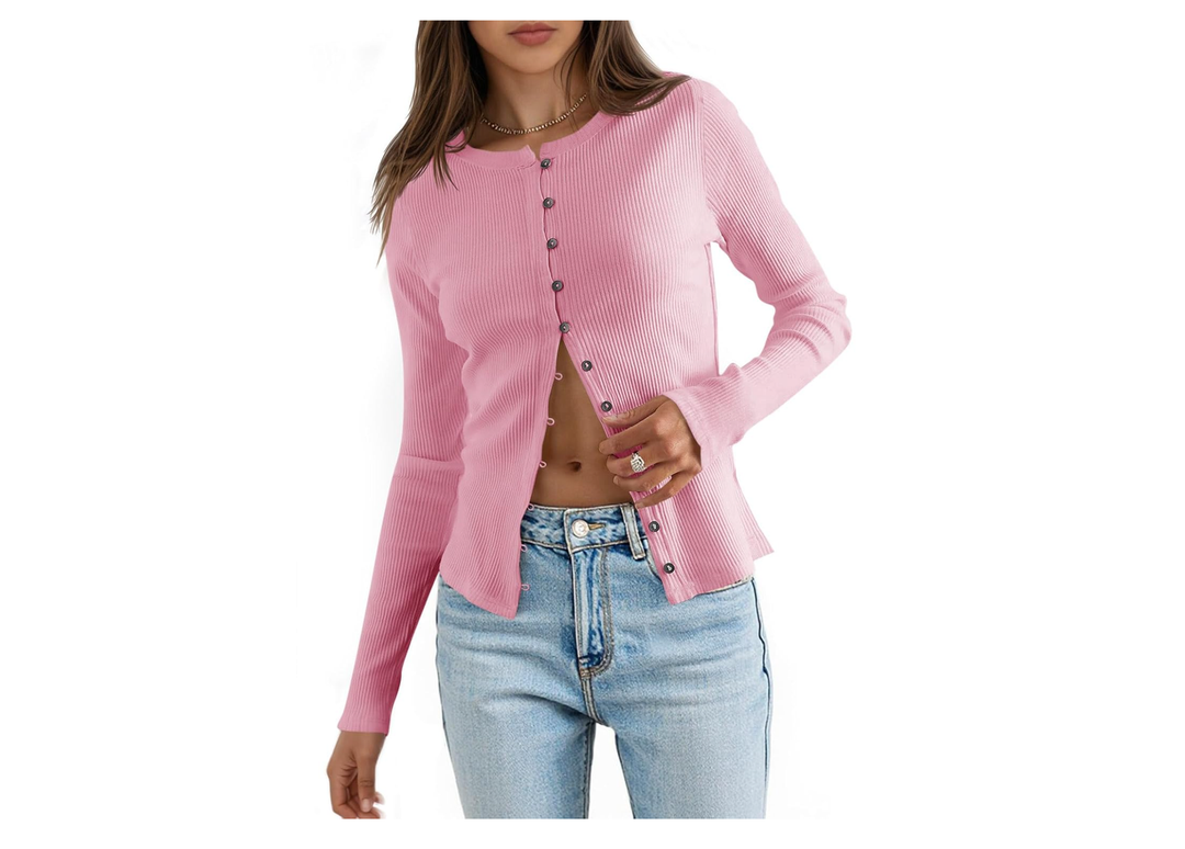Womens Lightweight Fitted Sweaters Crew Neck Long Sleeve Button Down Ribbed Knit Cardigan Size L