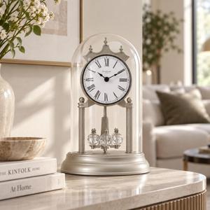 9" Genevieve Mantel Clock with Revolving Pendulum, Silver, Small