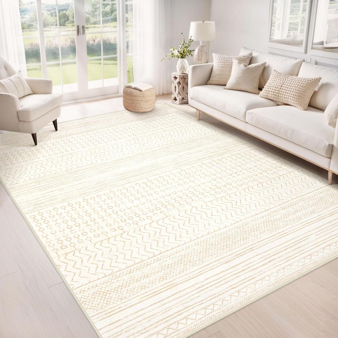 Area Rug Living Room Rugs 5x7: Washable Boho Modern Neutral Geometric Large Rug Soft Farmhouse Moroccan Non-Slip Indoor Floor Carpet for Bedroom Dining Room Nursery Dorm Home Office (Beige, 5'x7')