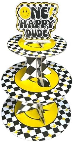 Zliisang One Happy Dude Birthday Cupcake Stand Groovy Happy Smile Face Cupcake Dessert Stand for 1st Year Birthday Decorations Groovy One Cool Dude Birthday Party Decorations