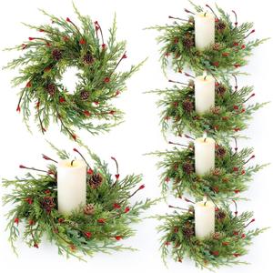 6 Pcs Artificial Christmas Candle Rings 9 Inch Cedar Pine Garland Wreaths with Red Berries Pinecones Wreaths Pine Needles Candle Ring Holder for Christmas Winter Decorations Table Centerpiece