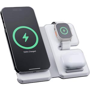 NYTSTND 3-in-1 Wireless Charger Trio Travel, 15W Foldable Fast Charging for Phone, Watch, Earpbuds, Wireless Charger Stand, MagSafe iPhone 17/16/15/14/13/12 Series & iWatch & AirPods