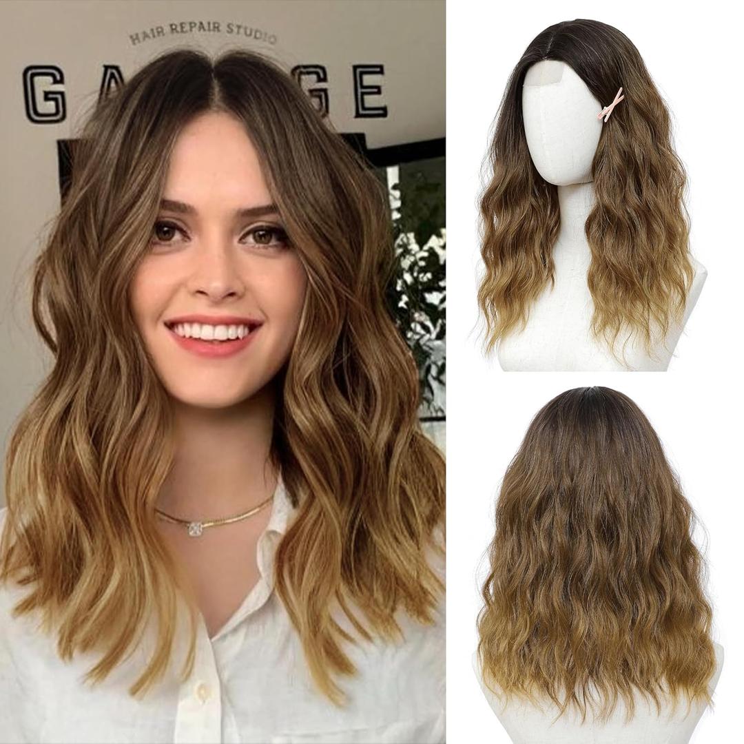 Wig 18 Inch Medium Length Wigs for Women Middle Part Synthetic Hair Wavy Wig with Upgraded Strands,Natural Hair Wigs for Daily Party/Halloween Use 18Inch,Ombre Light Brown