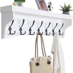 WEBI Coat Rack Wall Mount with Shelf,35" Long White Wall Shelf with Hooks Underneath,Entryway Coat Rack with 7 Triple Hooks for Hanging Coats,Bathroom,Mudroom,Hallway