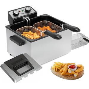 1800W 5 Liters/21 Cups Large Electric Deep Fryer with 3 Frying Baskets, Adjustable Temperature,View Window Lid,Countertop Stainless Steel Body Deep Fryer Pot,Perfect for Kitchen, Fry Fish for Home Use (Silver)