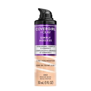 COVERGIRL & Olay Simply Ageless 3-in-1 Liquid Foundation, Matte Finish, Hyaluronic & Vitamin C Formula, 242 Medium Beige, 1 Count