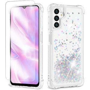 ANSHOW Glitter Case for Samsung Galaxy S24/S25, Shockproof Clear TPU with Screen Protector, Bling Glitters, Silver