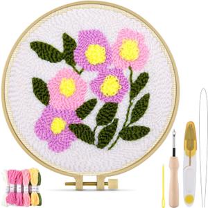 TINDTOP Punch Needle Kits, Flowers Punch Embroidery Kits for Adults Beginner, Tool with Punch Needle Fabric, Hoops, Yarns and Sewing Needles