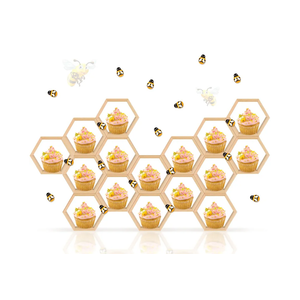 12 Pcs Mini Honeycomb Cupcake Stand Cake Farmhouse Hexagon Display Holder Hexagonal Wood Cupcake Stand Floating Table Sign with 50 Tiny Wooden Bee for Baby Shower (Wood Color)