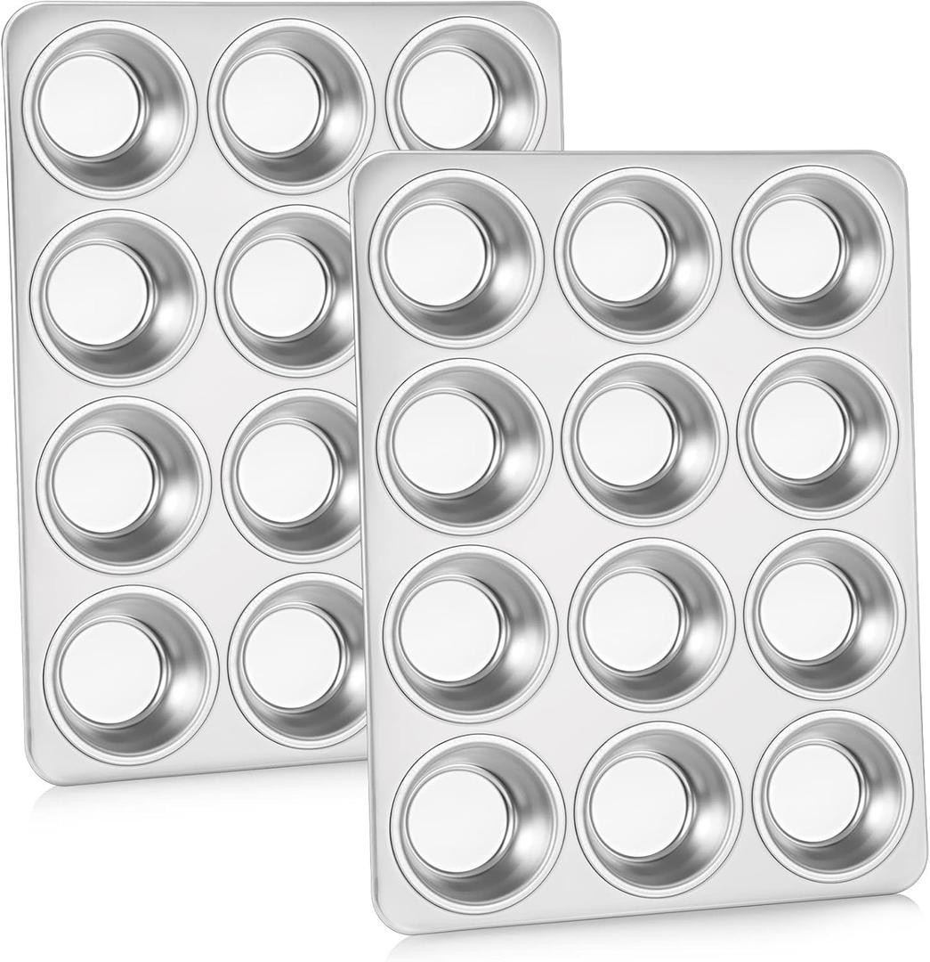 P&P CHEF Muffin Pan Cupcake Baking Pan Set, Stainless Steel Muffin Tin Tray for Mini Cake Tart Quiche, Oven & Dishwasher Safe, Non-toxic & Heavy-duty, (12 Cup, 2Pcs) Silver 