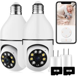 Security Camera Indoor Wireless WiFi Outdoor Home E27 360 Degree Panoramic Home Security Cameras IP Camera Motion Detection and Alarm Two-Way Audio 2pack-64GB