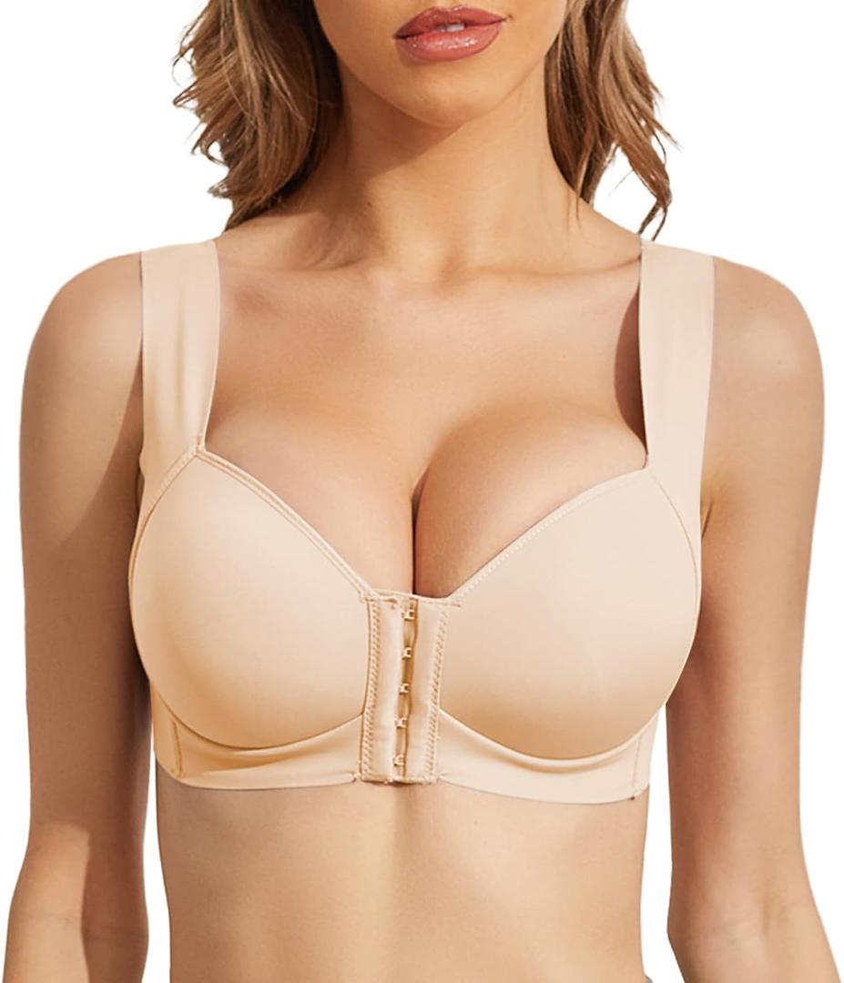 Front Close Bras for Women Wirefree Push up Bra Smooth Back Seamless (38C, Beige)