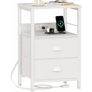 Furologee End Table with Charging Station, Nightstand with Fabric Drawers, Side Tables with USB Ports & Outlets, Night Stand with Storage Shelf & Hooks, for Living Room/Bedroom, White