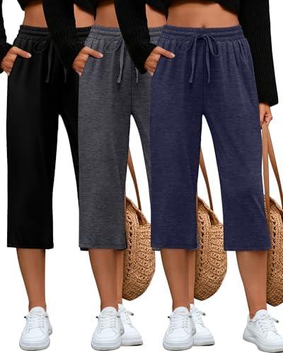 Huukeay 2 Pack Women's Capri Pants, Drawstring Lounge Capris Wide Leg Cropped Pants with Pockets Workout Yoga Joggers,M