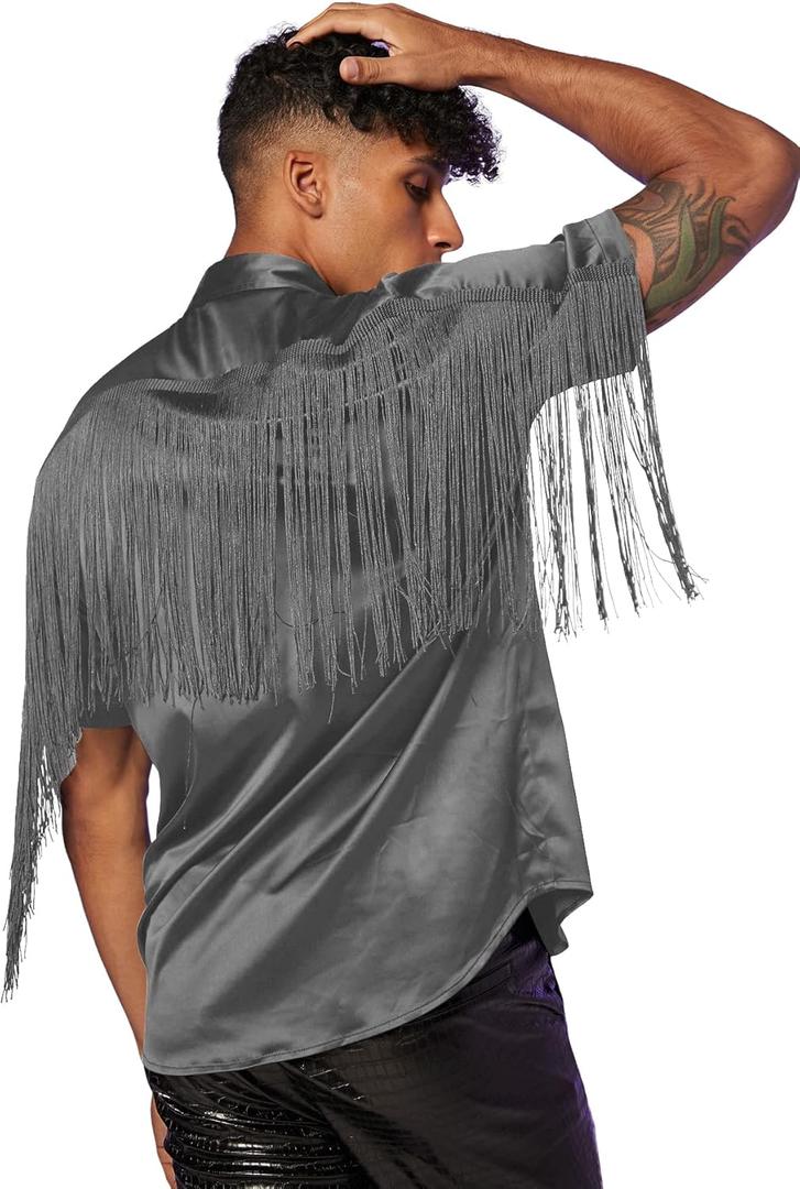 WDIRARA Men's Button Front Short Sleeve Fringe Trim Party Shirt Collar Club Tops (Gray, XL)