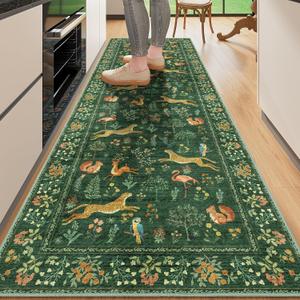 DUKINO 2.6x8 Rug for Hallway, Washable Kitchen Runner Rug with Non Slip Backing, Soft Low Pile Vintage Animal Runner for Bedroom, Kitchen, Hallway, Entryway, Laundry, Green