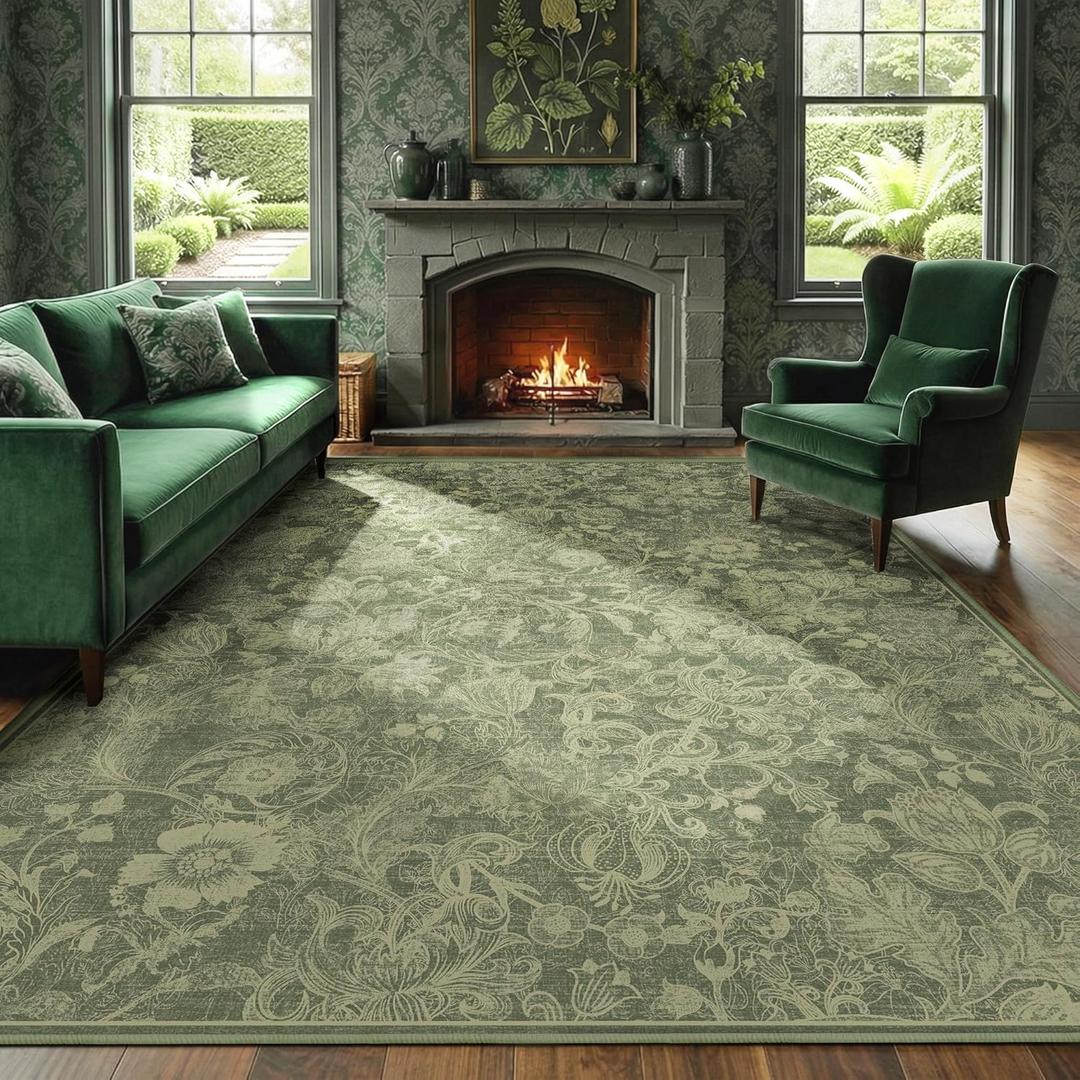 Floral Area Rug 5x7 for Living Room, Washable Vintage Farmhouse Botanical Rug, Non Slip Low Pile Thin Floor Carpet, Soft Decorative Rug for Bedroom Dining Room Home Office Light Olive