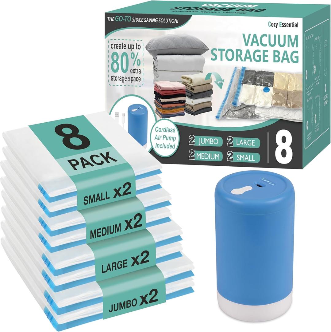 Cozy Essential Travel Vacuum Storage Bags with Rechargeable Cordless USB Pump, Space Saver Bags for Luggage, Suitcase, Carry-On, for Clothes, Blankets, Bedding & Seasonal Storage, 8 Combo
