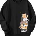 Girl's Cartoon Graphic Long Sleeve Crewneck Sweatshirts Drop Shoulder Cute Pullover Tops T Shirt (Black)