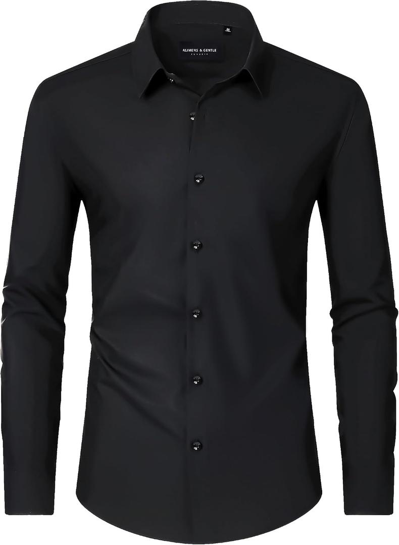 Alimens & Gentle Men's Dress Shirts Long Sleeve Wrinkle Free Stretch Business Casual Wedding Button Down Shirt (Black, S)