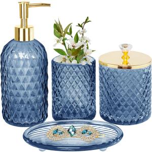 Blue Bathroom Accessories Set, 4Pcs Glass Bathroom Accessory Set Complete w/Lotion Soap Dispenser, Toothbrush Holder, Qtip Holder, Soap Dish, Gold Bathroom Decor Sets, Gift for Home Apartment