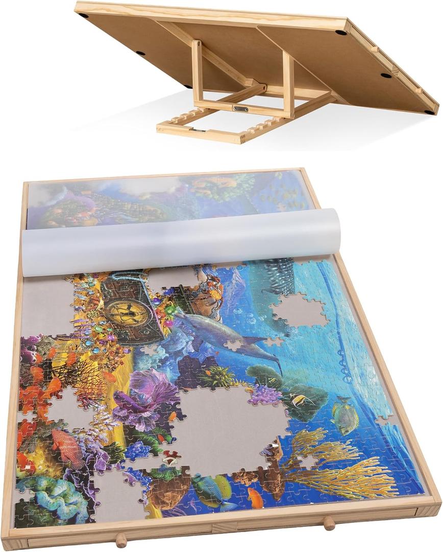 Becko US 1000-Pc Tilting Puzzle Board with 4 Drawers & Cover, Adjustable Jigsaw Puzzle Table with Built-in Easel/Stand, Portable Tables with Storage for Adults, with Premium Flannel Tabletop