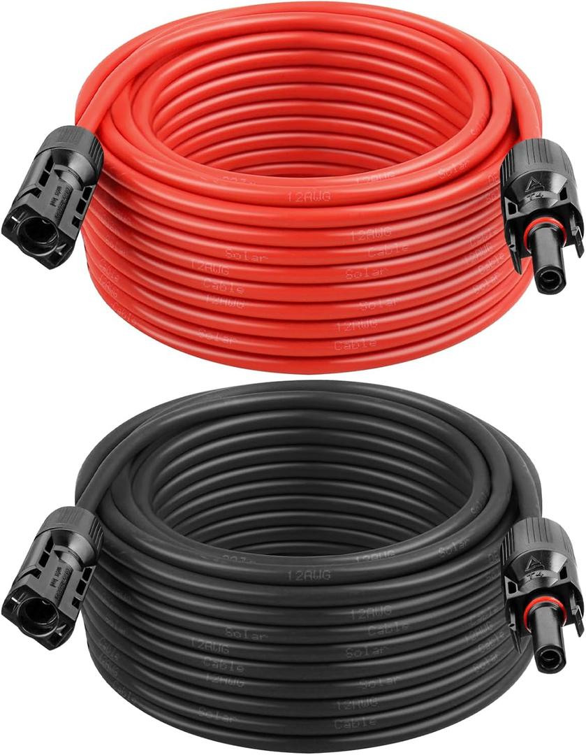 Solar Panel Extension Cable - 12AWG 100FT Solar Wire with Female & Male Waterproof Connector PV Wire for RV, Photovoltaic Systems, Home, Boat, Solar Panels, Car(100ft Red + 100ft Black)