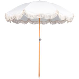 6.5ft Boho Beach Umbrella with Fringe, UPF 50+ Tassel Umbrellas with Carry Bag, Premium Wood Pole Foldable Patio Umbrella for Outdoor Holiday Garden Lawn Pool Yard Table