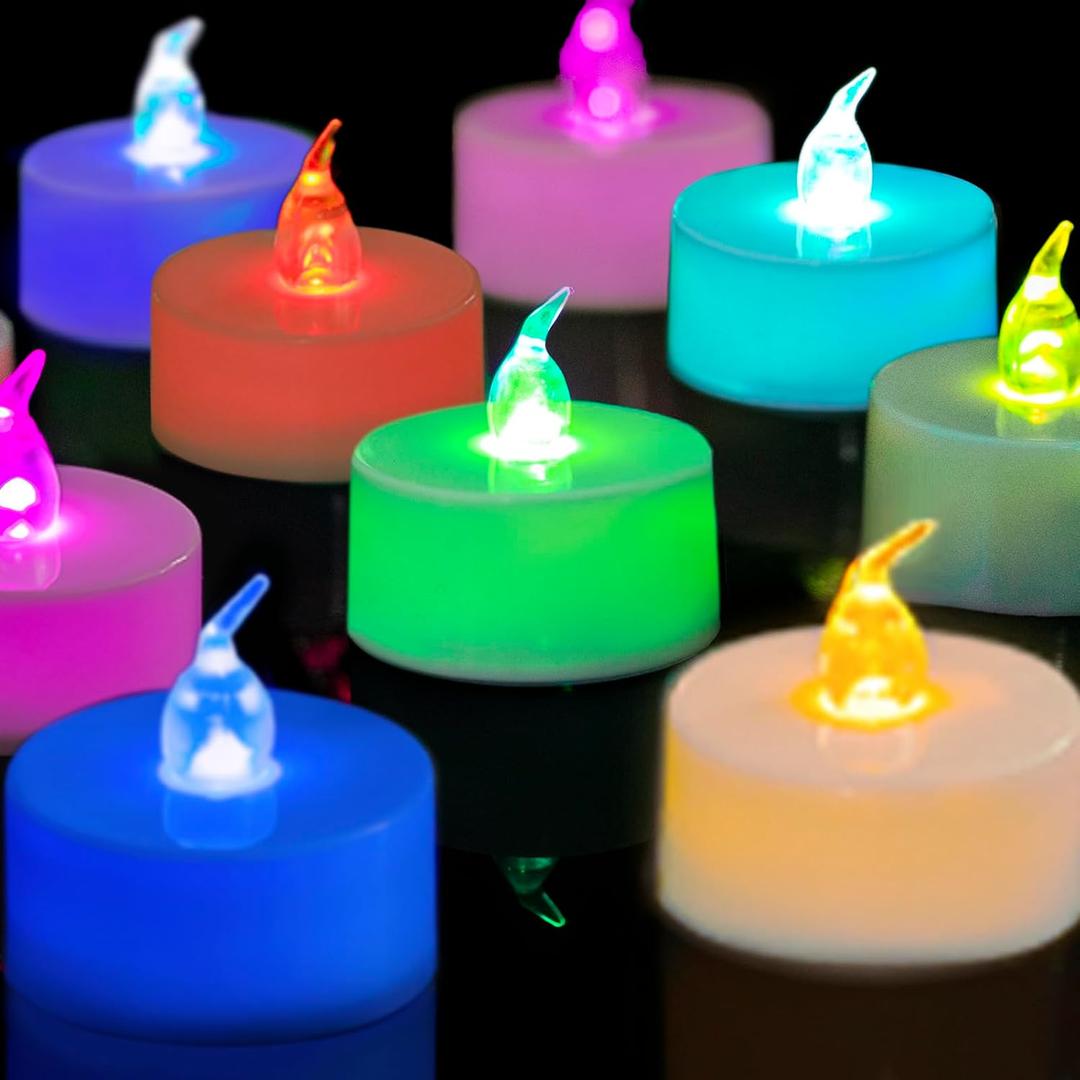 LANKER Flameless Candles with 6H Timer, 7 Color Changing LED Tea Lights, Romantic Long Lasting Battery Operated Fake Candles for Party, Halloween and Christmas, Set of 24 (Color Changing)