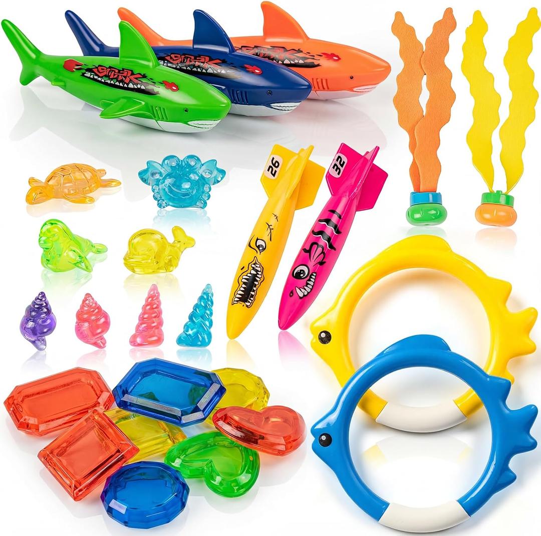 Pool Toys for Kids Ages 4-8, 26 Pcs Diving Toys, Diving Rings, Swimming Pool Games with Storage Net Bag, Torpedo, Gem, Sea Animal & Diving Ring, Pool Decoration, Summer Pool Party Toys