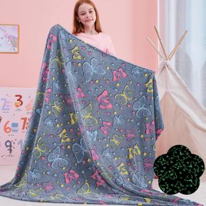 QSTEHEML Butterfly Glow in The Dark Blanket,Butterfly Gifts Toys for Kids Girls Age 3-12 Years Old, Birthday for Grandkids Soft Throw Blanket 50"×60"