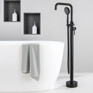 Freestanding Tub Faucet, Floor Mounted Bathtub Filler Standing with 2 Water Outlet Modes, Swivel Right Angle Spout with 5 Function Handheld Sprayer, Matte Black
