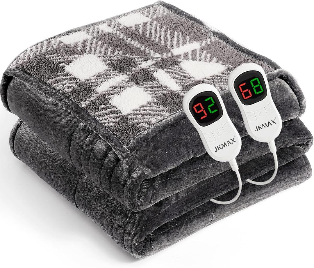 JKMAX Heated Electric Blanket Queen Size - 84"x90" Flannel Heating Blanket with 10 Heating Levels & 5 Time Settings Over-Heat Protection, Winter Warmer for Adults with ETL CertificationGrey
