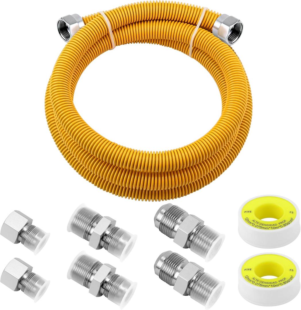 AMI PARTS 72" Flexible Gas Line Kit Yellow Coated, Gas Hose Connector Kit for Dryer, Stove, Water Heater,5/8" OD(1/2" ID) Stainless Steel Gas Line with Connector 1/2" MIP &1/2"FIP & 3/4"MIP Fitting