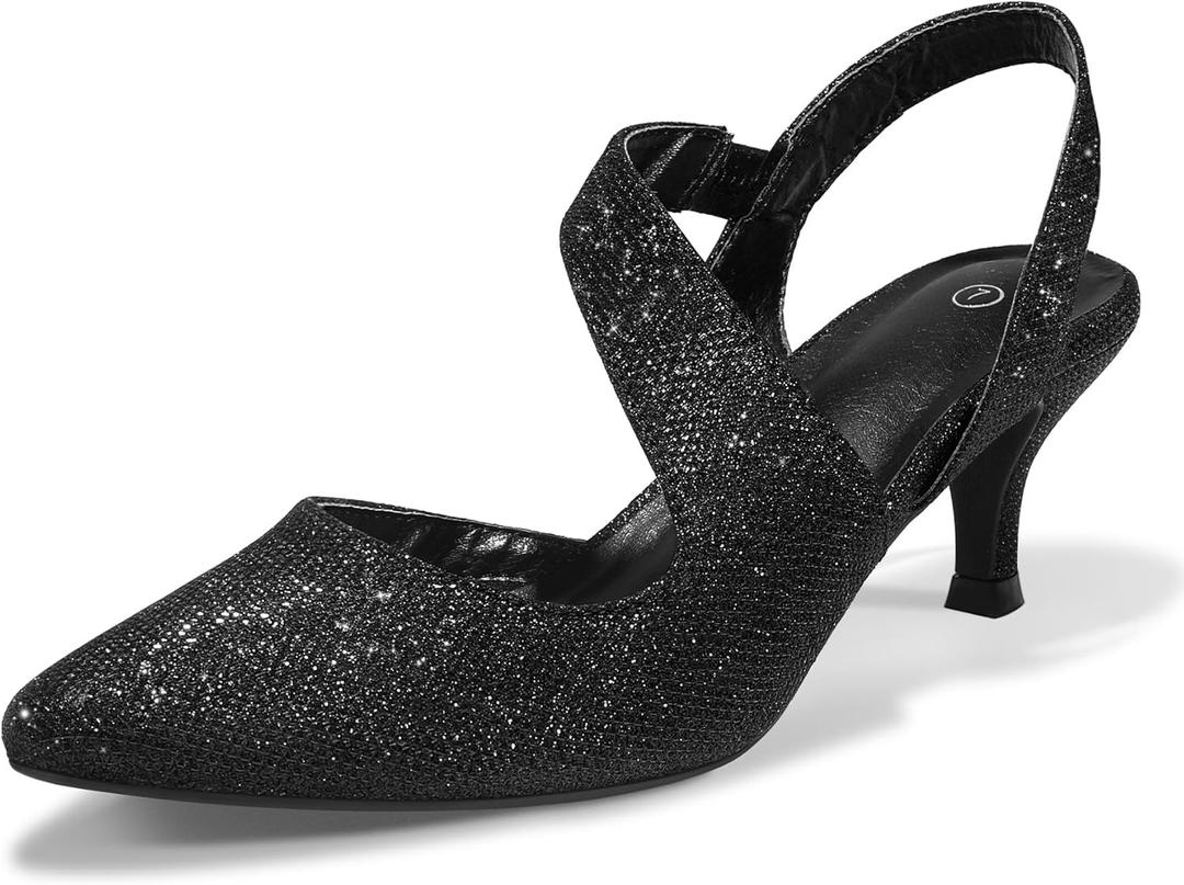 mysoft Women's Dress Shoes Low Heels 2 inch Kitten Pumps Slingback Wedding Party Medium/Wide Width Shoes (Black Glitter)