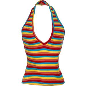 Women's Y2K Striped Backless Halter Top Sleeveless Low Cut V Neck Crop Tank Tops (S)