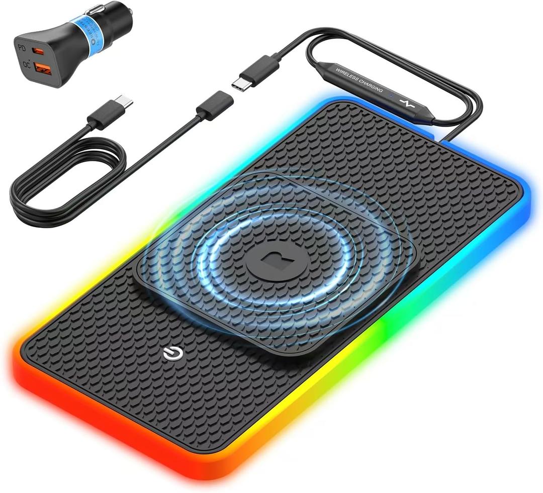 Wireless Car Charger Pad, REESTECQI 15W RGB Wireless Charger for Car Type C Non Slip Charging Pad for Car Compatible with Airpods iPhone16/15/14/13/12, Samsung Google (30CM+ 70CM Extension)