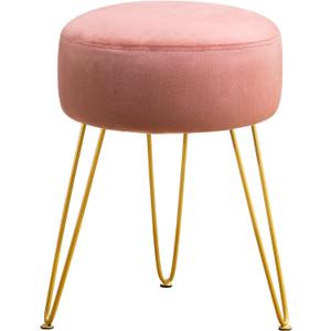 LUE BONA Vanity Stool, Pink Vanity Stools for Makeup Room, Round Ottoman Foot Stool, Velvet Footrest Vanity Chair for Bathroom Vanity, Bedroom, Living Room, Entryway, Offices
