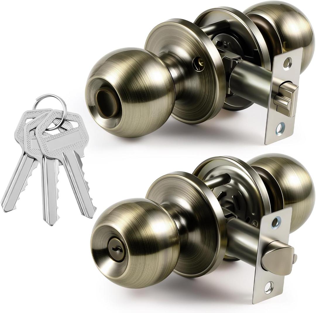 Blulu 1 Pack Interior Privacy Door Knobs with Lock and Key Retro Antique Brass Ball Keyed Door Lock for Privacy Bedroom Bathroom