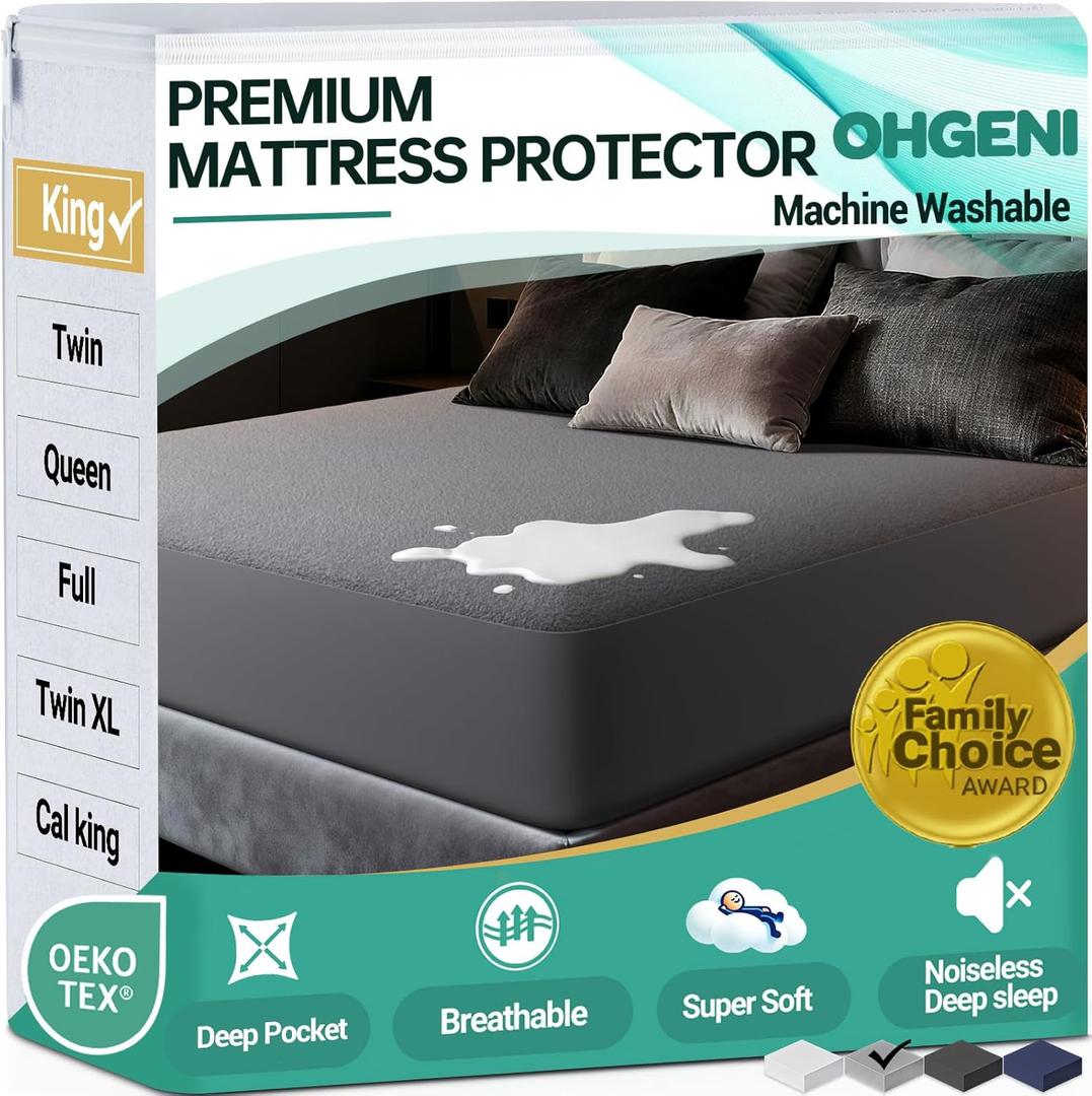 OhGeni 100% Waterproof Mattress Protector, King Grey Size, Fitted Sheet with Deep Pockets, 6''-18'', Premium Noiseless Breathable Soft Material, Mattresses Cover for Bed (Gray)