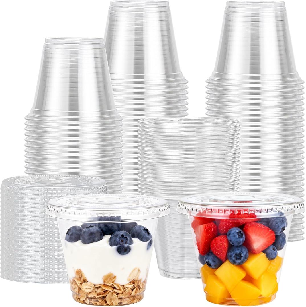 Lamosi 9 oz Clear Plastic Cups with Lids 50 Pack, Clear Disposable Cups with Flat Lids No Hole for Fruit, Snack, Pudding, Cold To Go Drinks or Milkshakes 