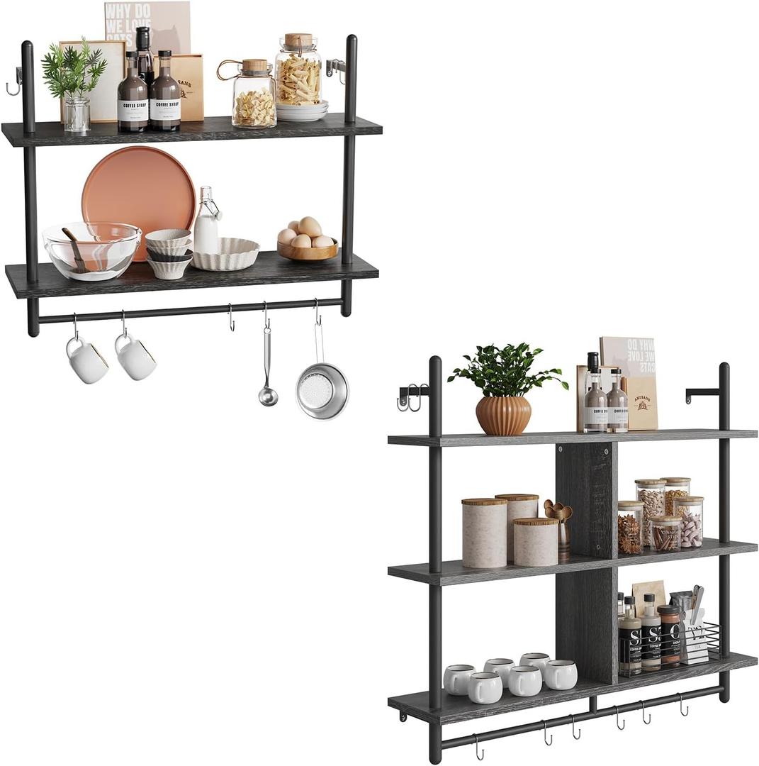 Bestier Floating Shelving Kitchen Wall-Mounted Shelf with 8 Hooks Coffee Bar Shelves Wine Hanging Display Rack Bookshelf Living Room Decor Bathroom-Charcoal Black