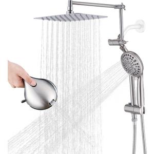 12" x 8" Rectangle High Pressure Rainfall Shower Head with Handheld Combo, 9 Setting Handheld Shower Head, Adjustable Height Shower Extension Arm and Slide Bar for Easy Reach - Brushed Nickel