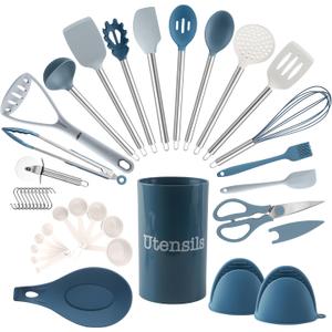 COOK WITH COLOR Silicone Cooking Utensils, Kitchen Utensil Set, Easy to Clean Silicone Kitchen Utensils, Cooking Utensils for Nonstick Cookware, Kitchen Gadgets Set, 38 Piece, Blue and White