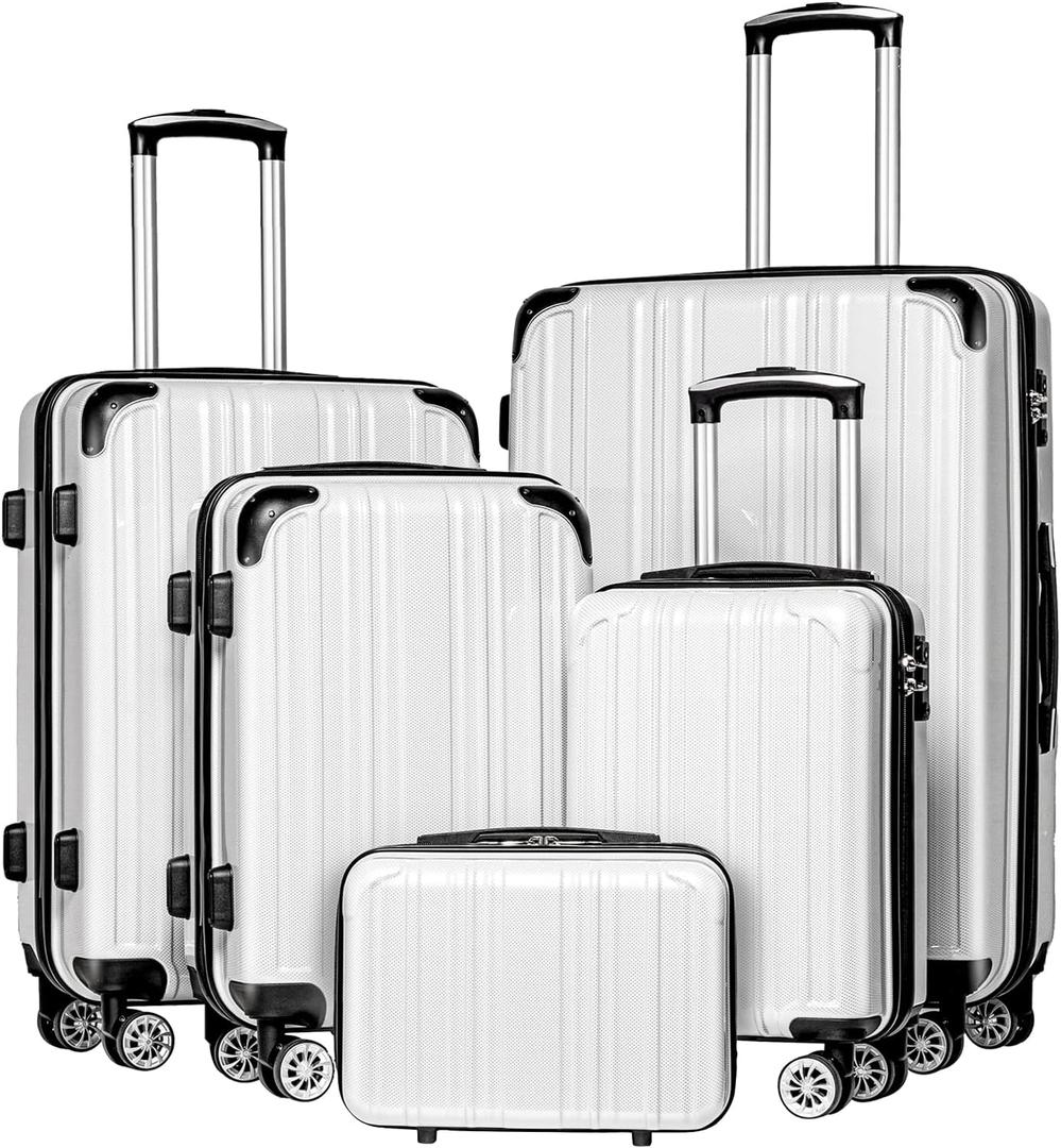 Coolife Luggage Expandable 5 Piece Sets PC+ABS Spinner Suitcase 20 inch 24 inch 28 inch , White Grid New 